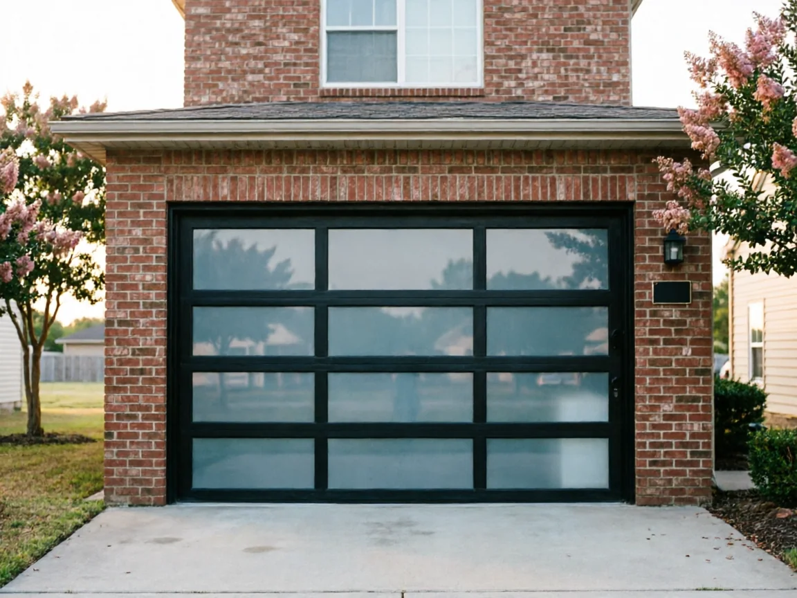 A modern black garage door with frosted glass panels on a brick house.