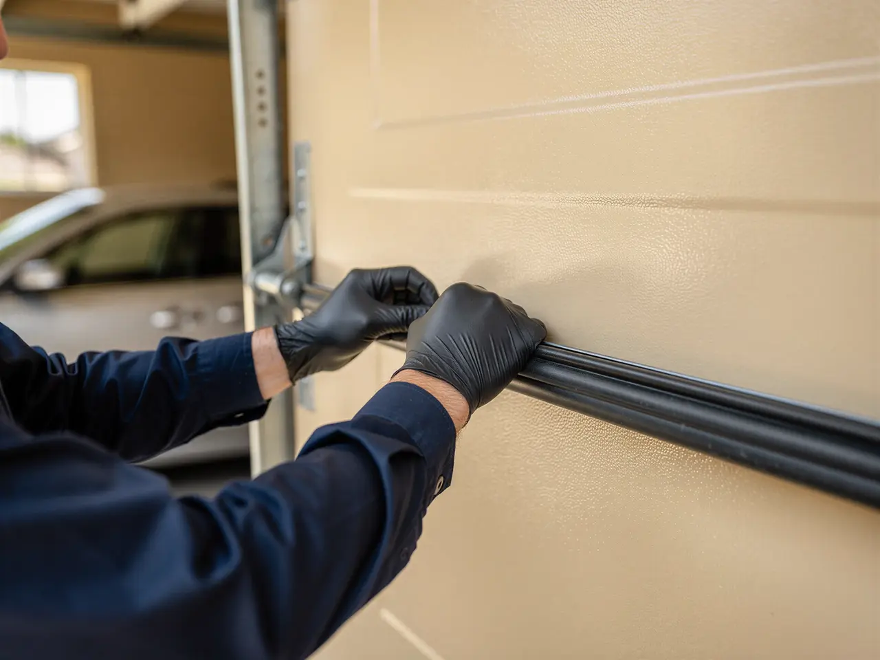 A technician wearing black gloves is adjusting a garage door seal.