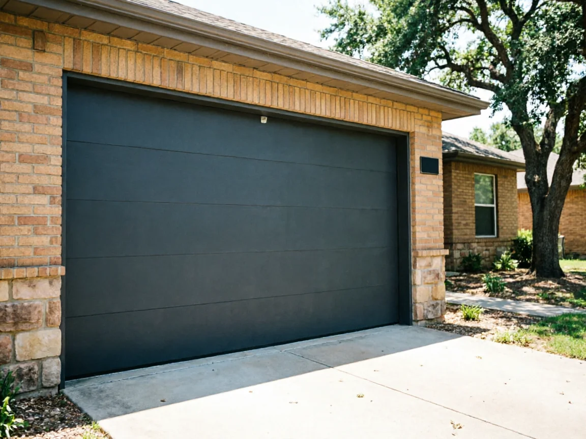 A dark gray garage door is on a brick house with a concrete driveway.